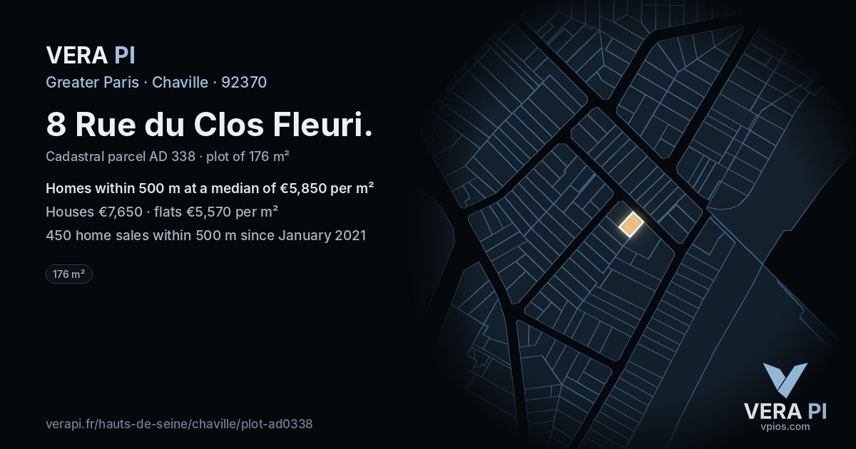 8 Rue du Clos Fleuri, Chaville at night – the plot lit, the parcels around coloured by the prices near them