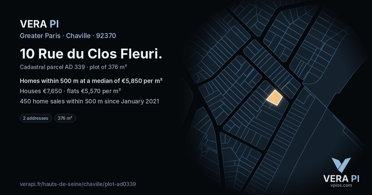 10 Rue du Clos Fleuri, Chaville at night – the plot lit, the parcels around coloured by the prices near them