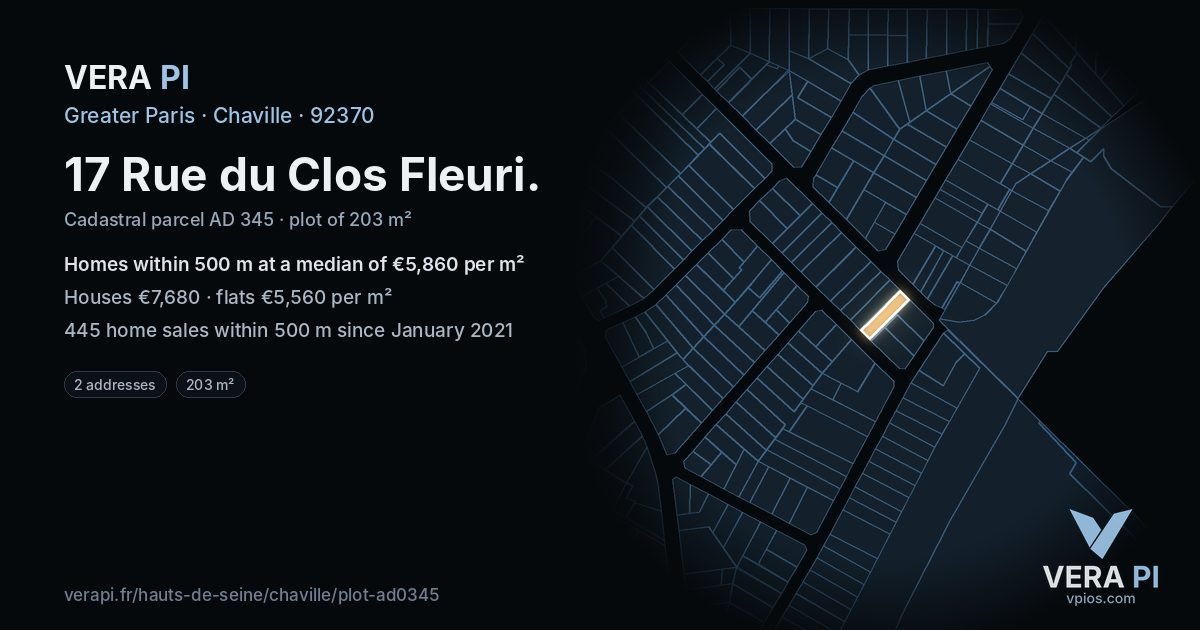 17 Rue du Clos Fleuri, Chaville at night – the plot lit, the parcels around coloured by the prices near them