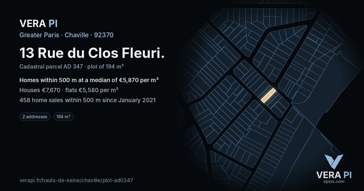 13 Rue du Clos Fleuri, Chaville at night – the plot lit, the parcels around coloured by the prices near them