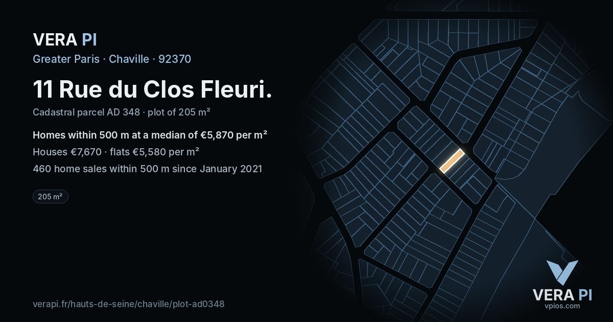 11 Rue du Clos Fleuri, Chaville at night – the plot lit, the parcels around coloured by the prices near them