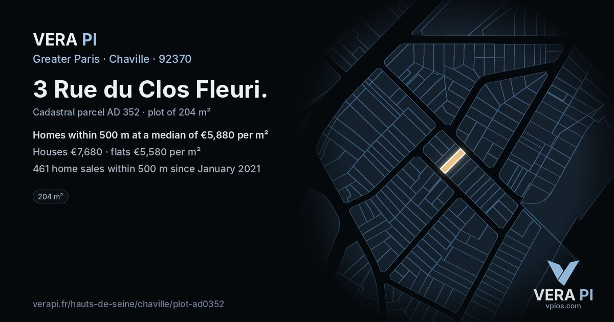 3 Rue du Clos Fleuri, Chaville at night – the plot lit, the parcels around coloured by the prices near them