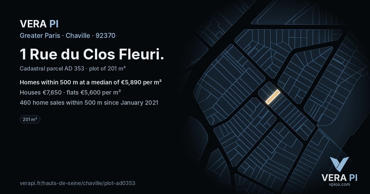 1 Rue du Clos Fleuri, Chaville at night – the plot lit, the parcels around coloured by the prices near them