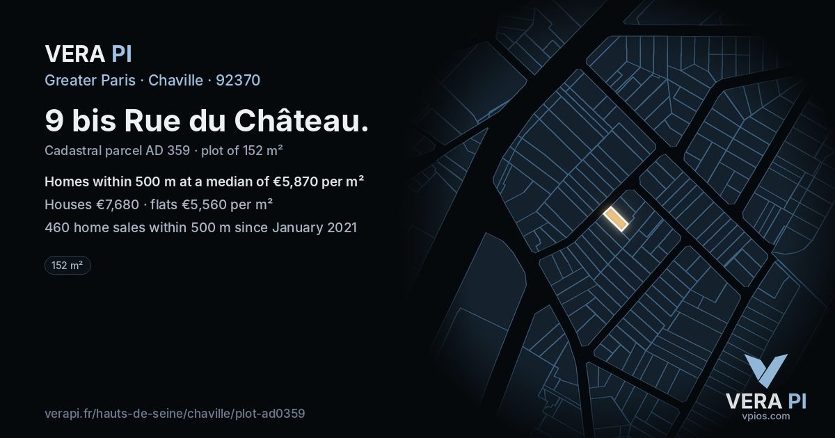 9 bis Rue du Château, Chaville at night – the plot lit, the parcels around coloured by the prices near them