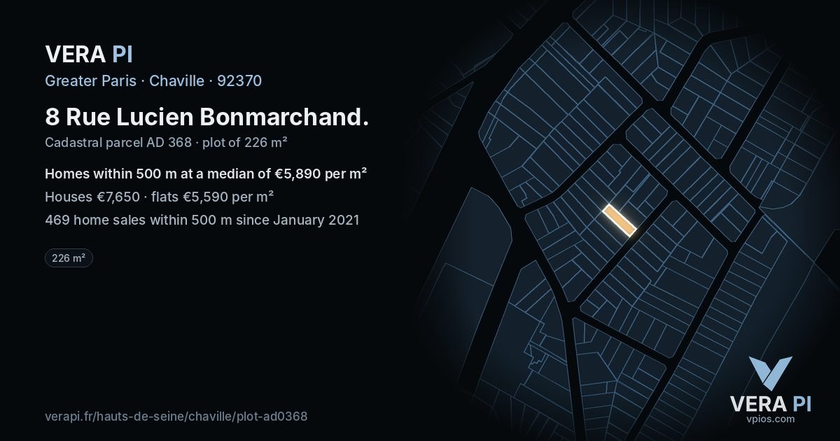 8 Rue Lucien Bonmarchand, Chaville at night – the plot lit, the parcels around coloured by the prices near them