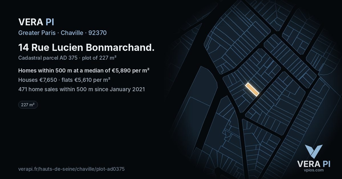 14 Rue Lucien Bonmarchand, Chaville at night – the plot lit, the parcels around coloured by the prices near them