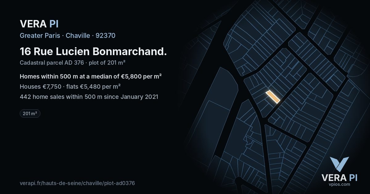 16 Rue Lucien Bonmarchand, Chaville at night – the plot lit, the parcels around coloured by the prices near them