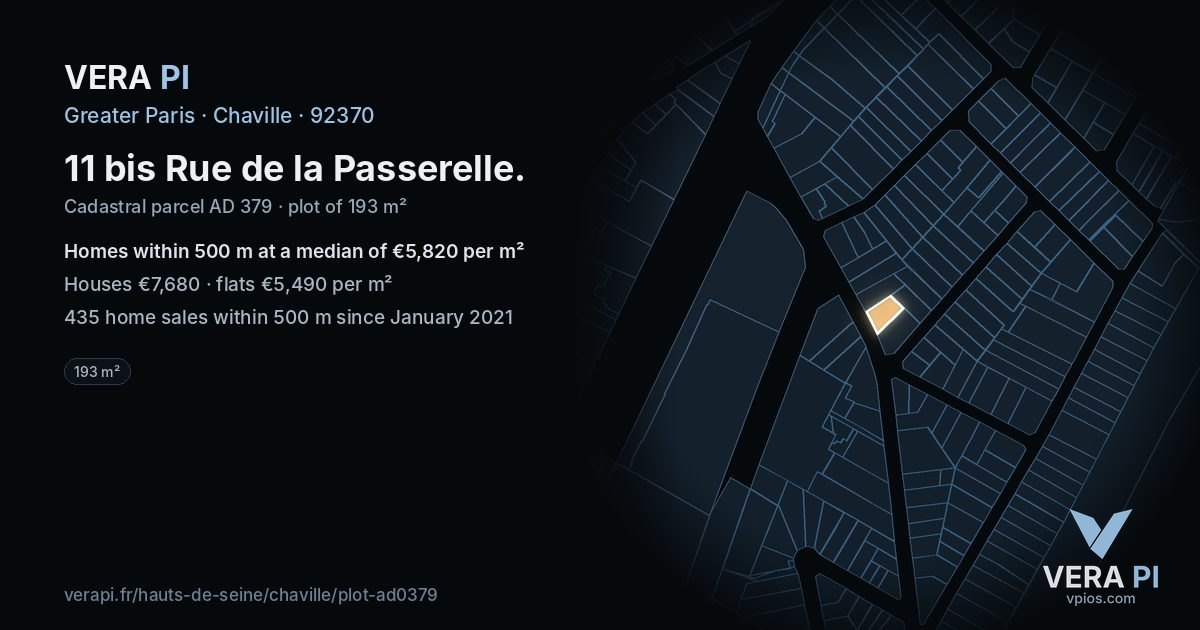 11 bis Rue de la Passerelle, Chaville at night – the plot lit, the parcels around coloured by the prices near them