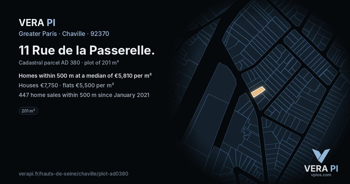 11 Rue de la Passerelle, Chaville at night – the plot lit, the parcels around coloured by the prices near them