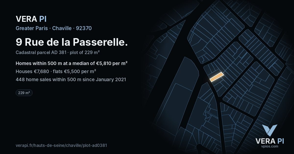 9 Rue de la Passerelle, Chaville at night – the plot lit, the parcels around coloured by the prices near them