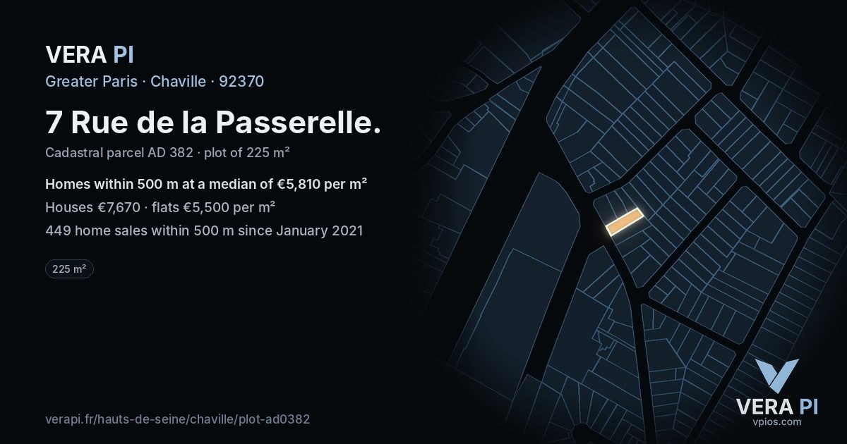 7 Rue de la Passerelle, Chaville at night – the plot lit, the parcels around coloured by the prices near them