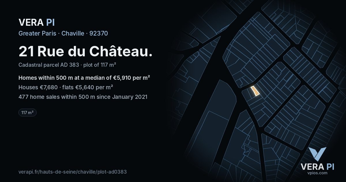 21 Rue du Château, Chaville at night – the plot lit, the parcels around coloured by the prices near them