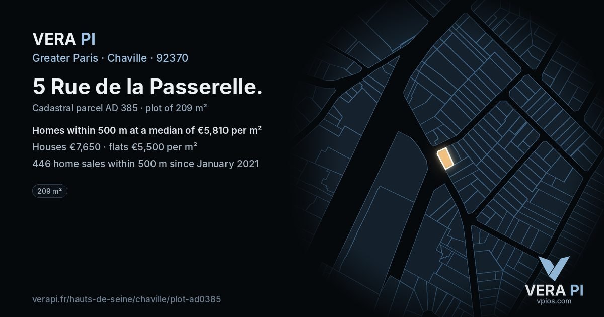 5 Rue de la Passerelle, Chaville at night – the plot lit, the parcels around coloured by the prices near them