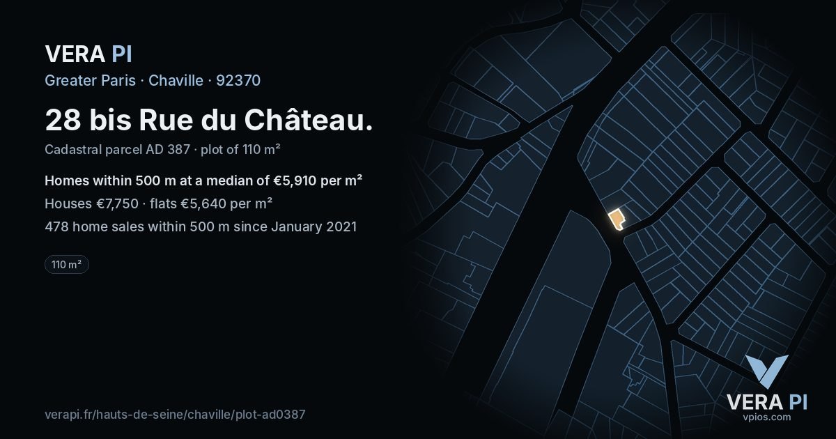 28 bis Rue du Château, Chaville at night – the plot lit, the parcels around coloured by the prices near them
