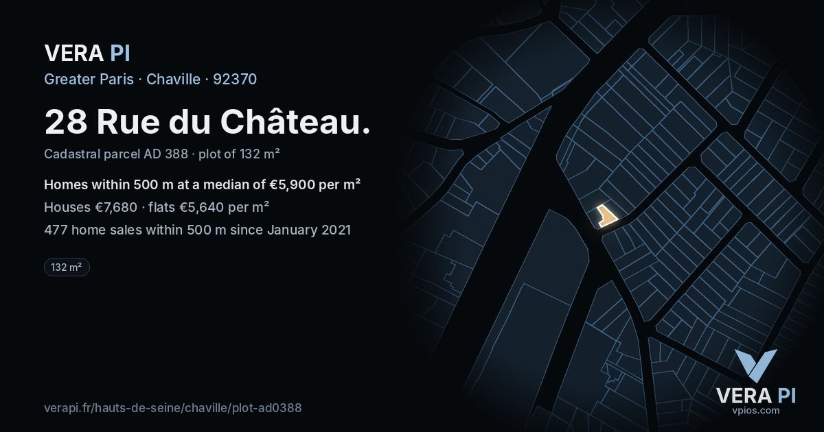 28 Rue du Château, Chaville at night – the plot lit, the parcels around coloured by the prices near them