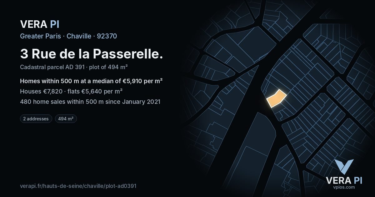 3 Rue de la Passerelle, Chaville at night – the plot lit, the parcels around coloured by the prices near them