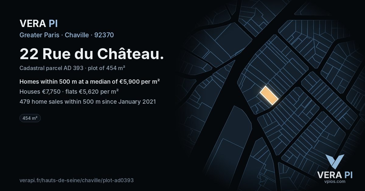 22 Rue du Château, Chaville at night – the plot lit, the parcels around coloured by the prices near them