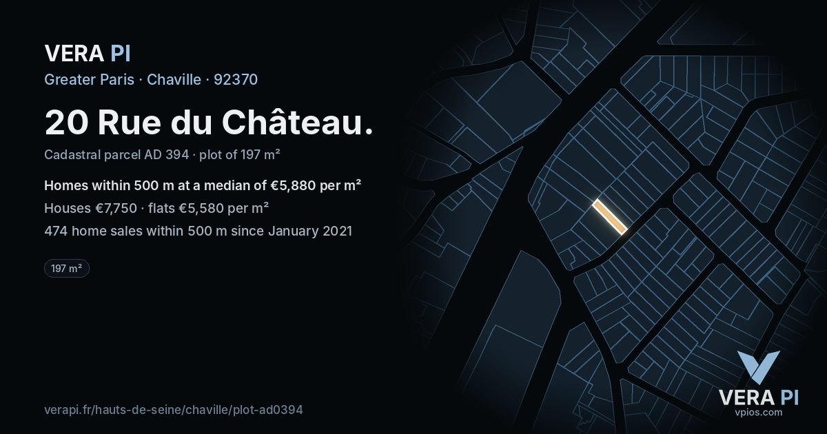 20 Rue du Château, Chaville at night – the plot lit, the parcels around coloured by the prices near them