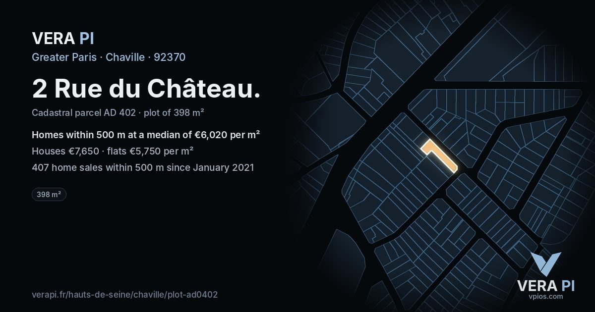2 Rue du Château, Chaville at night – the plot lit, the parcels around coloured by the prices near them