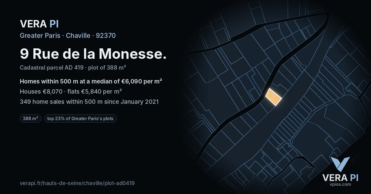 9 Rue de la Monesse, Chaville at night – the plot lit, the parcels around coloured by the prices near them