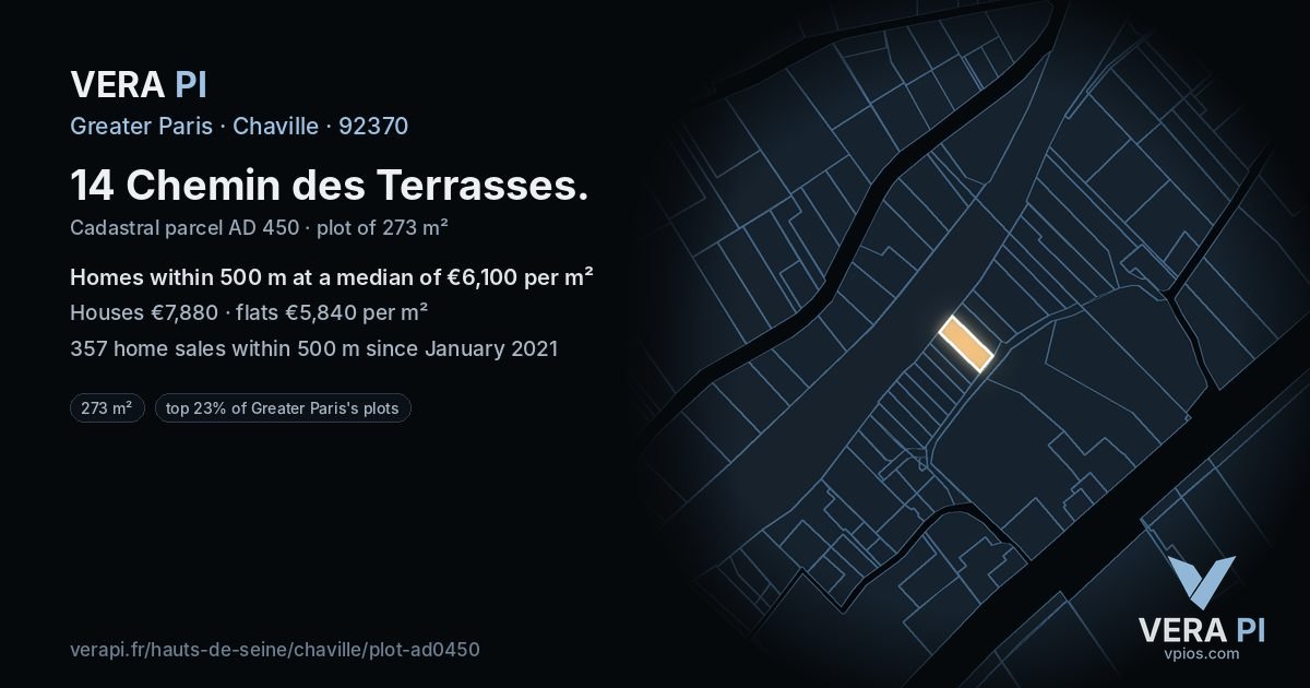 14 Chemin des Terrasses, Chaville at night – the plot lit, the parcels around coloured by the prices near them
