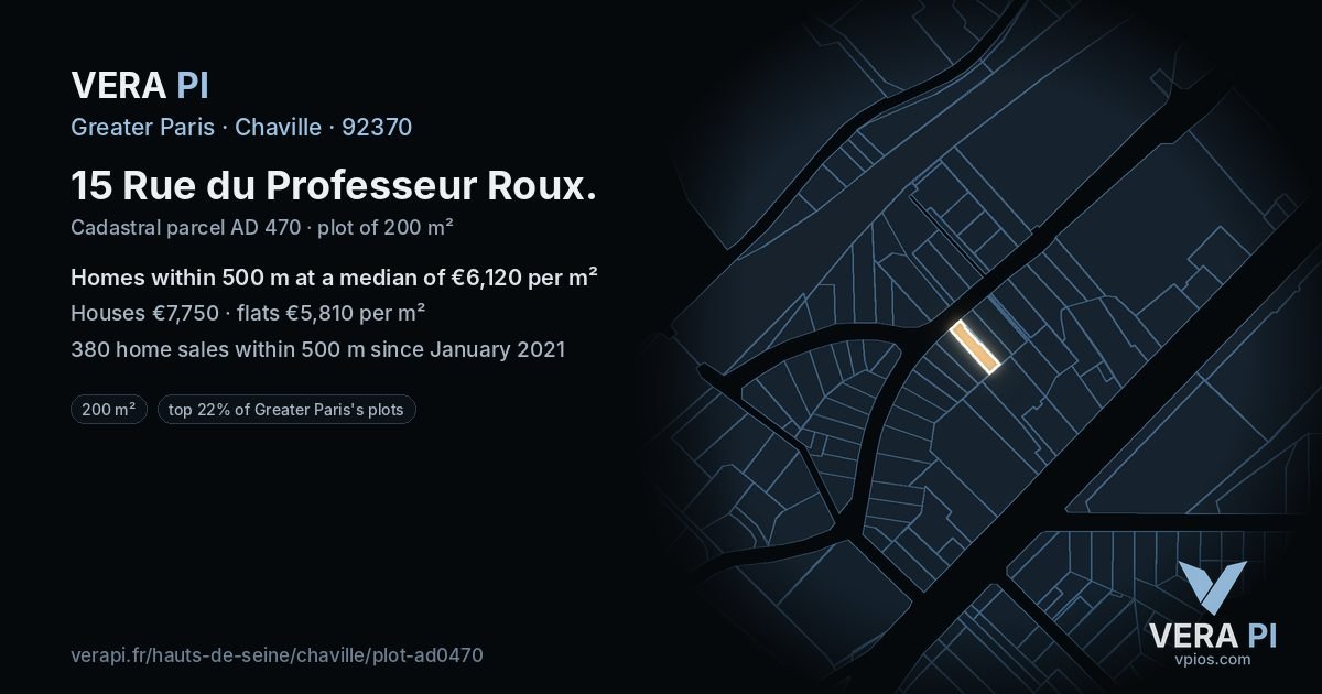 15 Rue du Professeur Roux, Chaville at night – the plot lit, the parcels around coloured by the prices near them