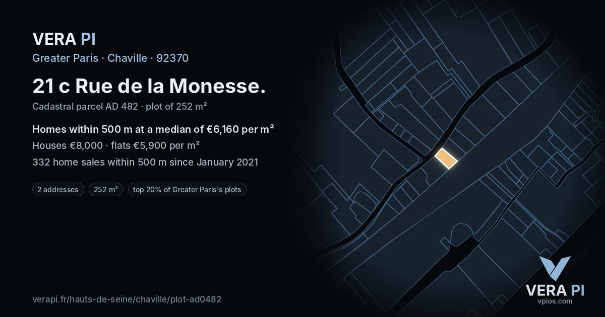 21 c Rue de la Monesse, Chaville at night – the plot lit, the parcels around coloured by the prices near them