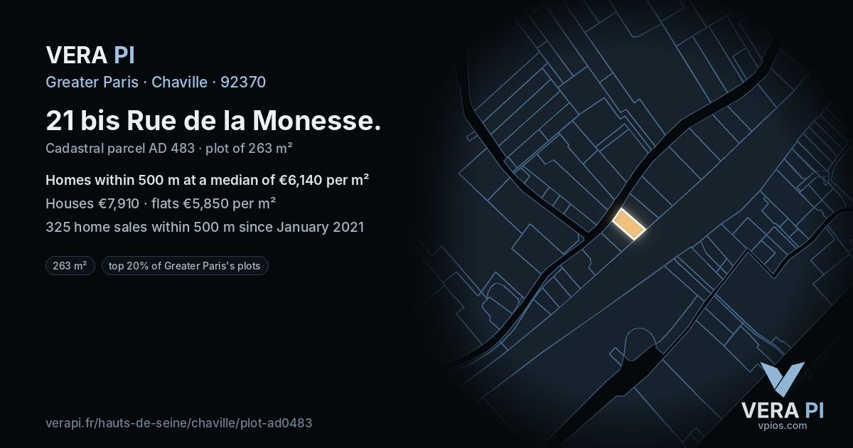 21 bis Rue de la Monesse, Chaville at night – the plot lit, the parcels around coloured by the prices near them