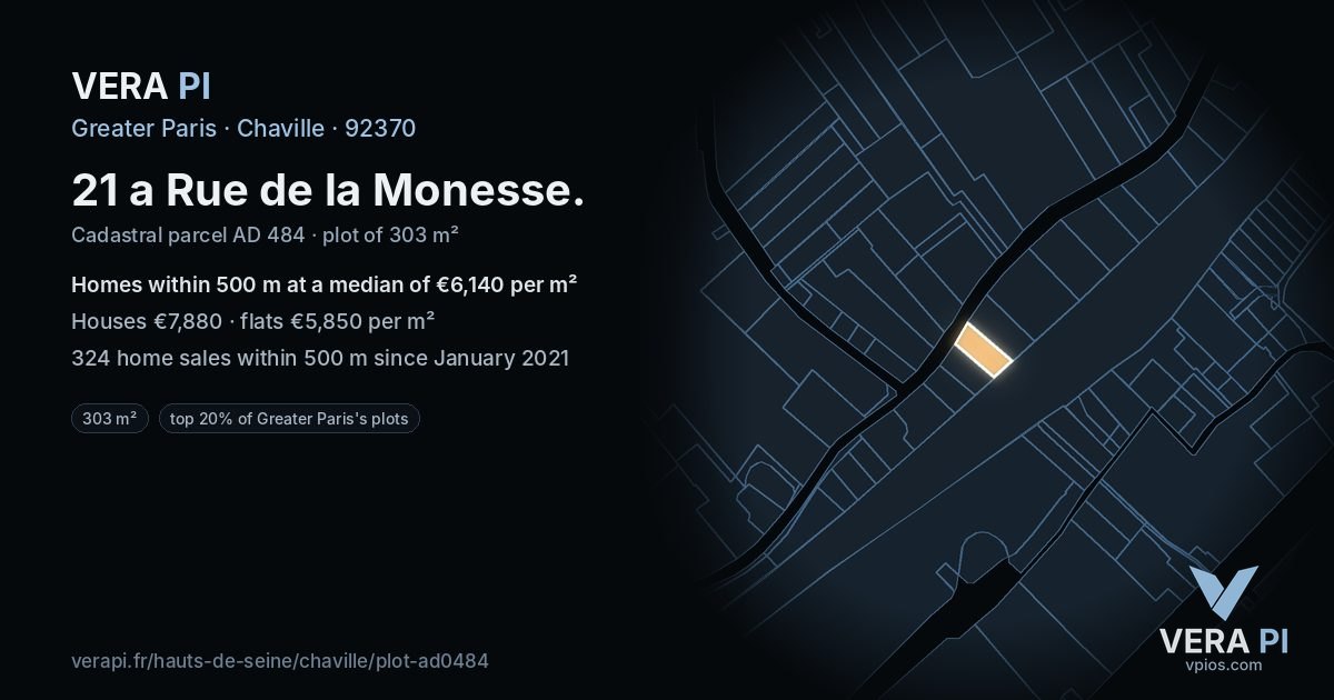 21 a Rue de la Monesse, Chaville at night – the plot lit, the parcels around coloured by the prices near them