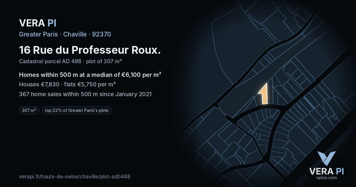 16 Rue du Professeur Roux, Chaville at night – the plot lit, the parcels around coloured by the prices near them