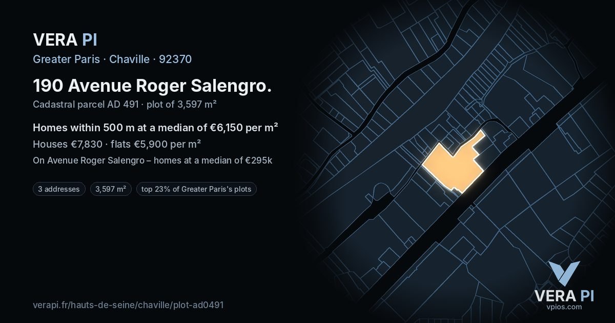 190 Avenue Roger Salengro, Chaville at night – the plot lit, the parcels around coloured by the prices near them