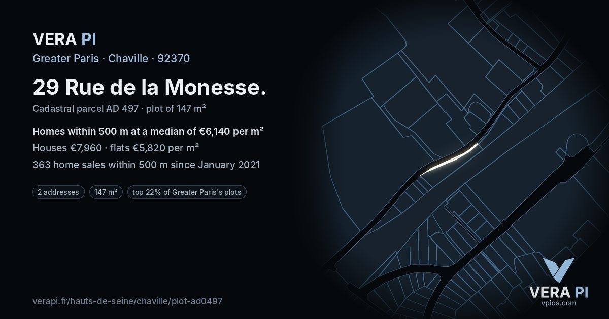 29 Rue de la Monesse, Chaville at night – the plot lit, the parcels around coloured by the prices near them