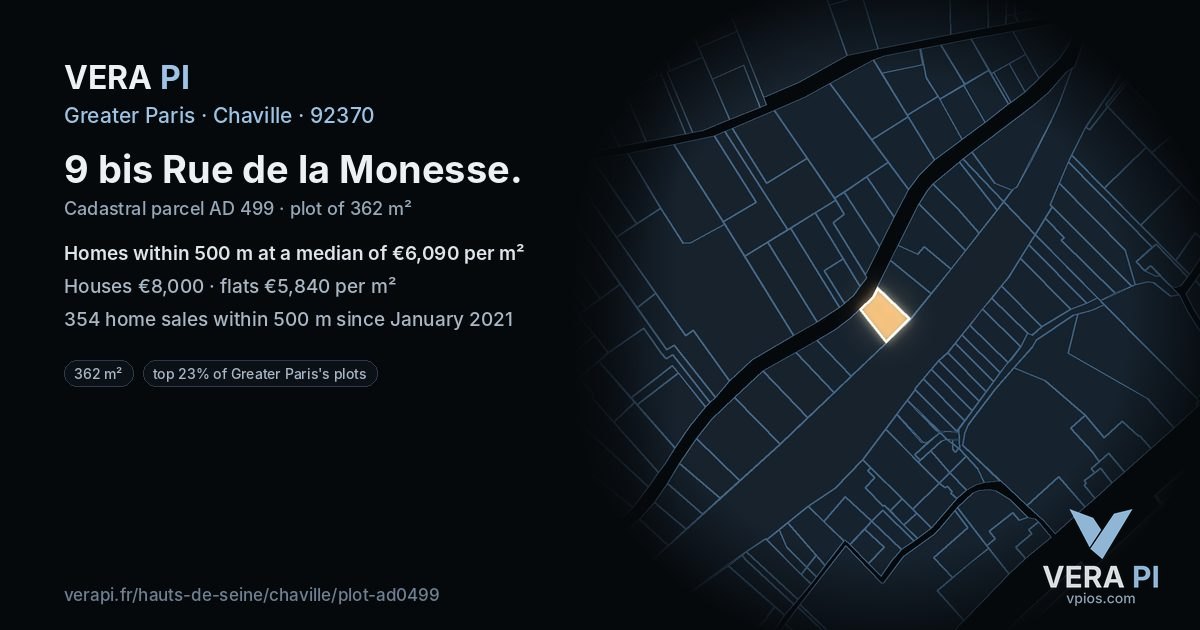 9 bis Rue de la Monesse, Chaville at night – the plot lit, the parcels around coloured by the prices near them