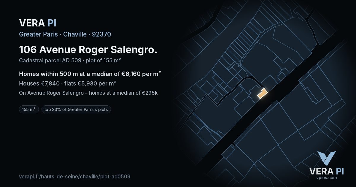 106 Avenue Roger Salengro, Chaville at night – the plot lit, the parcels around coloured by the prices near them