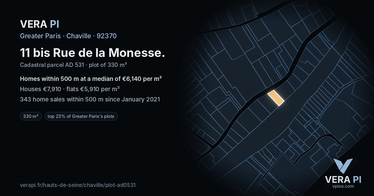 11 bis Rue de la Monesse, Chaville at night – the plot lit, the parcels around coloured by the prices near them
