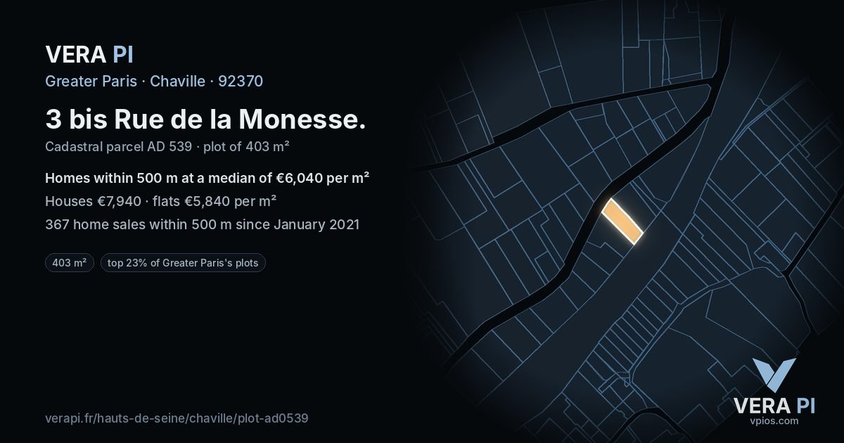 3 bis Rue de la Monesse, Chaville at night – the plot lit, the parcels around coloured by the prices near them