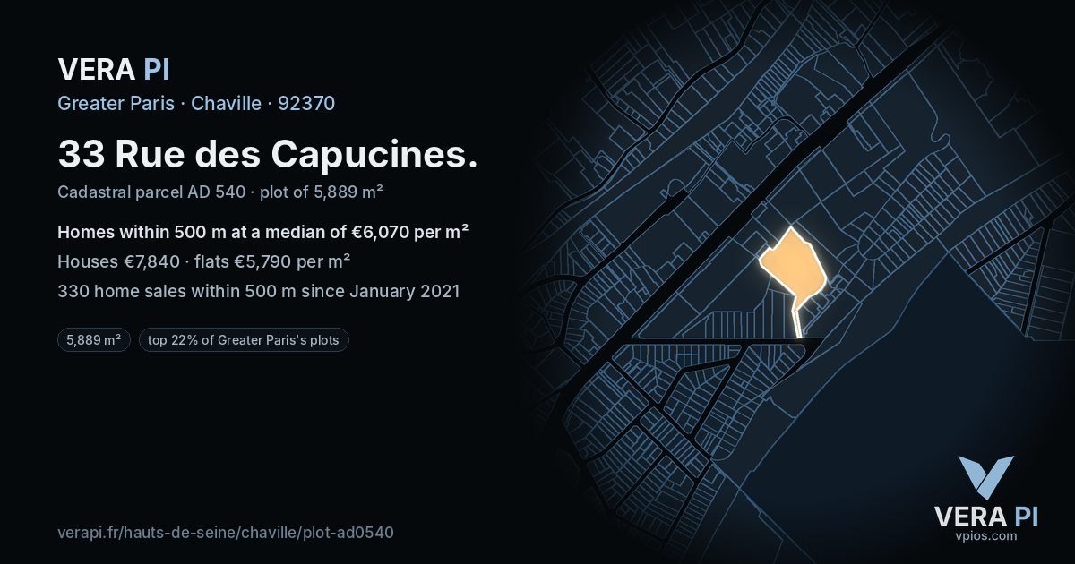 33 Rue des Capucines, Chaville at night – the plot lit, the parcels around coloured by the prices near them