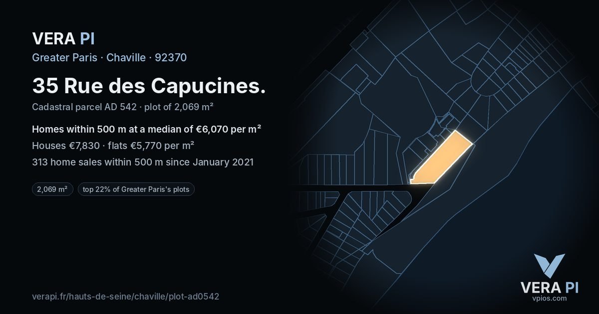 35 Rue des Capucines, Chaville at night – the plot lit, the parcels around coloured by the prices near them