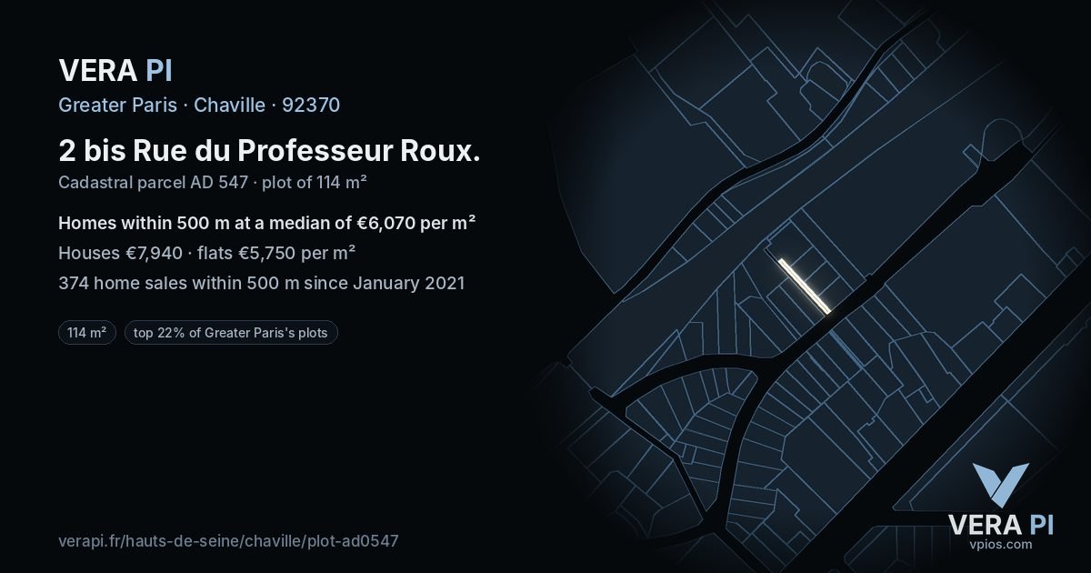 2 bis Rue du Professeur Roux, Chaville at night – the plot lit, the parcels around coloured by the prices near them