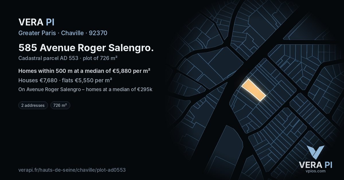 585 Avenue Roger Salengro, Chaville at night – the plot lit, the parcels around coloured by the prices near them