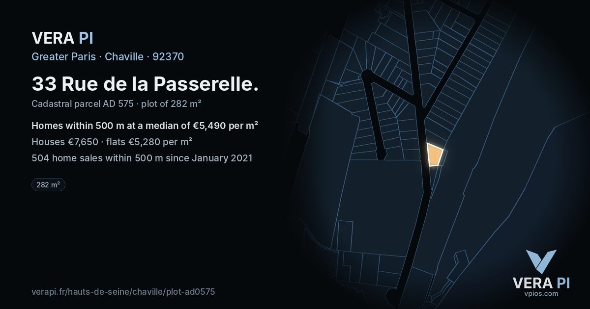 33 Rue de la Passerelle, Chaville at night – the plot lit, the parcels around coloured by the prices near them