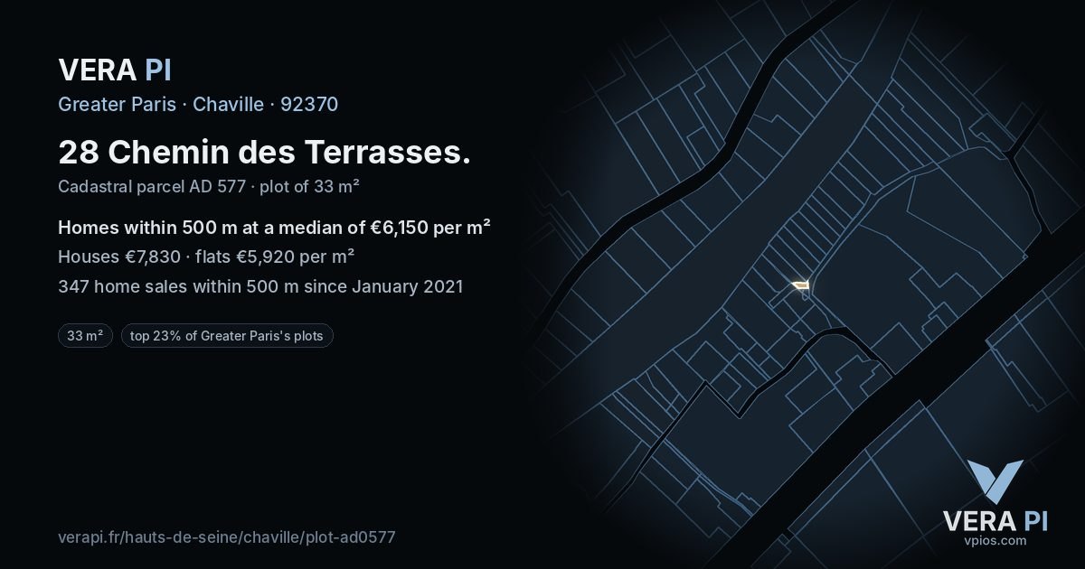 28 Chemin des Terrasses, Chaville at night – the plot lit, the parcels around coloured by the prices near them