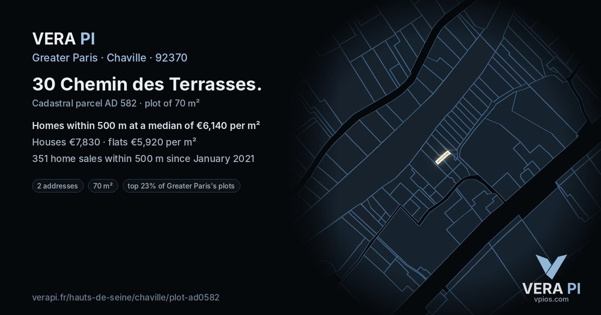 30 Chemin des Terrasses, Chaville at night – the plot lit, the parcels around coloured by the prices near them