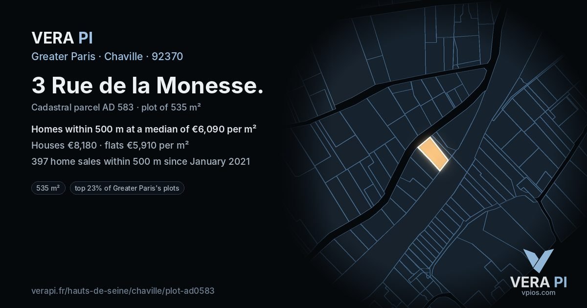3 Rue de la Monesse, Chaville at night – the plot lit, the parcels around coloured by the prices near them