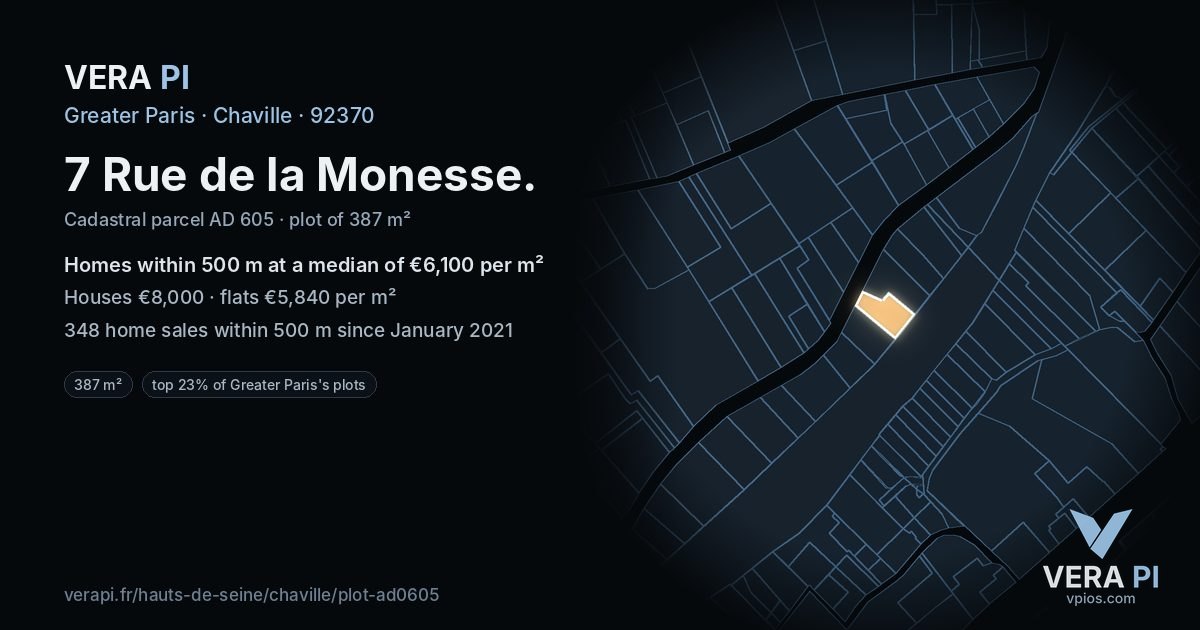 7 Rue de la Monesse, Chaville at night – the plot lit, the parcels around coloured by the prices near them