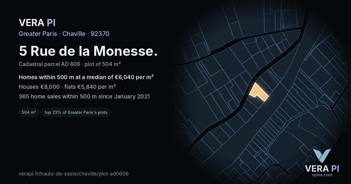 5 Rue de la Monesse, Chaville at night – the plot lit, the parcels around coloured by the prices near them