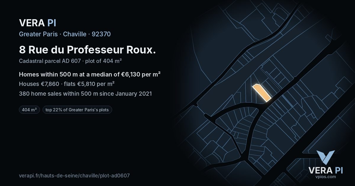 8 Rue du Professeur Roux, Chaville at night – the plot lit, the parcels around coloured by the prices near them