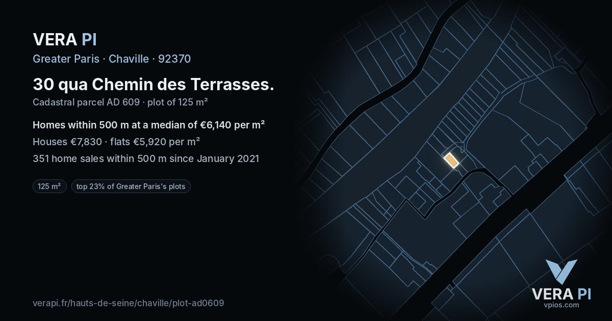 30 qua Chemin des Terrasses, Chaville at night – the plot lit, the parcels around coloured by the prices near them
