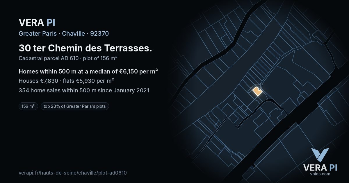 30 ter Chemin des Terrasses, Chaville at night – the plot lit, the parcels around coloured by the prices near them