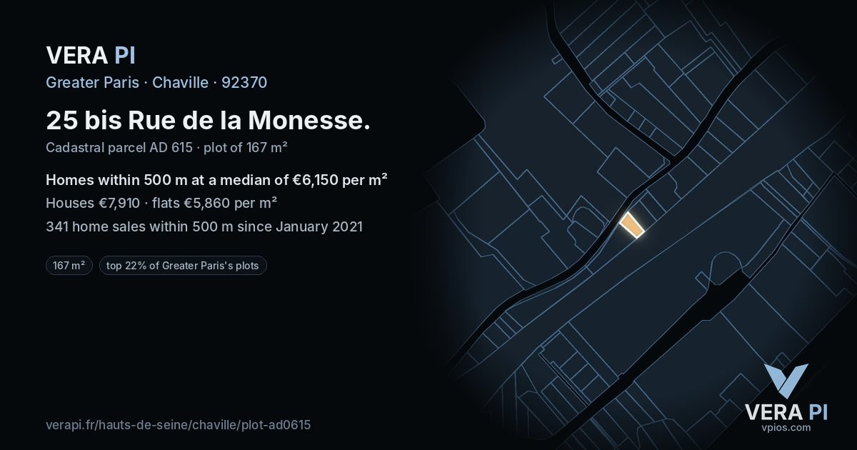 25 bis Rue de la Monesse, Chaville at night – the plot lit, the parcels around coloured by the prices near them
